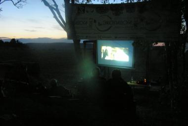 Смотрим фильм "Кон Тики" в импровизированном летнем кинотеатре. Белые ночи - не помеха.